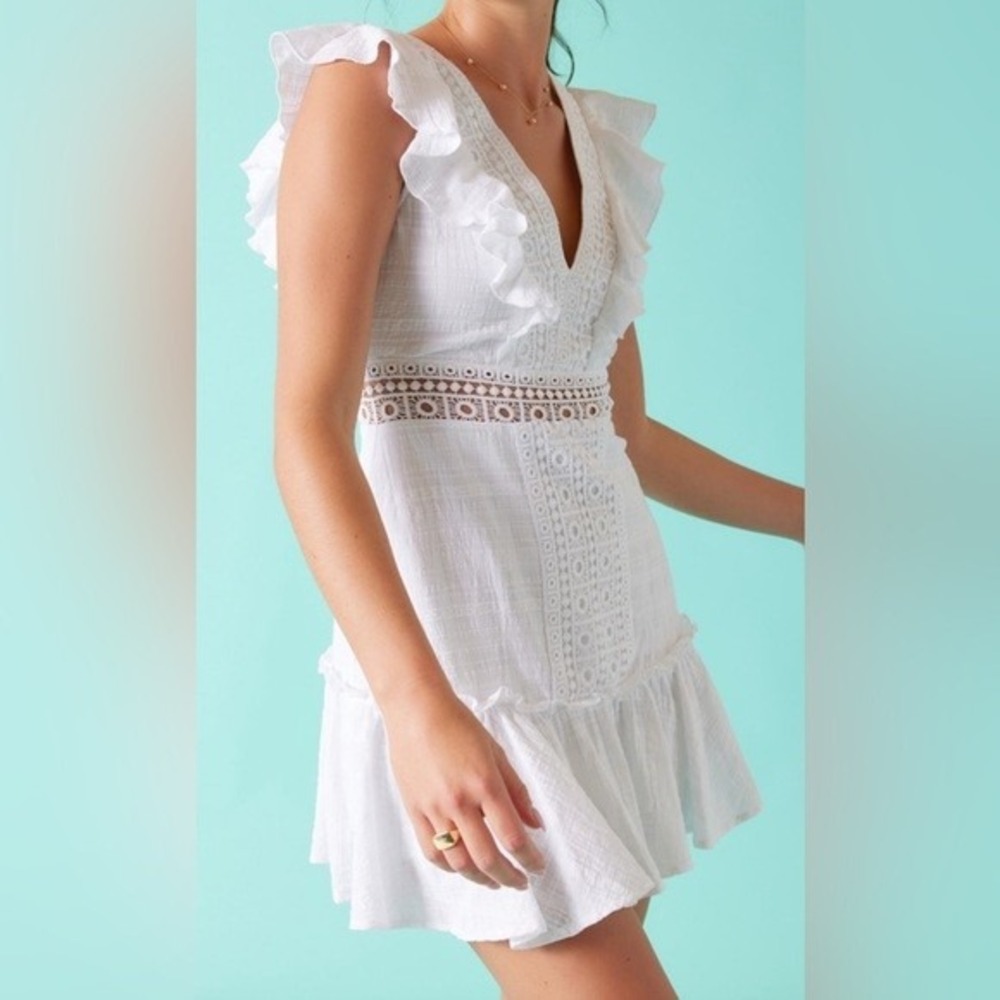 Francescas Audrey Parks Amliah Mini Dress‎ White Eyelet Crochet Ruffle V Neck XL